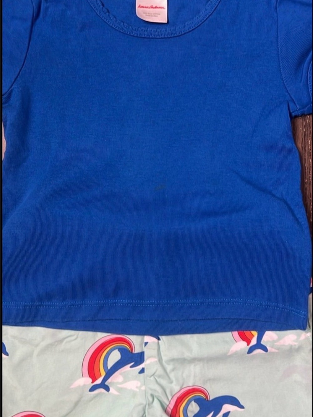 Hanna Andersson Royal Blue Top with Dolphin Rainbow Print Shorts